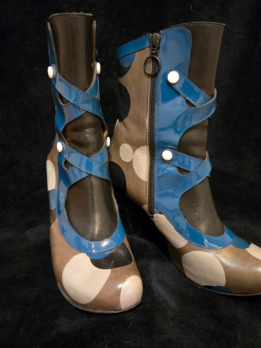 John Fluevog "HELENA" Mid Calf Heeled Boots In Olive Dots Size 9
